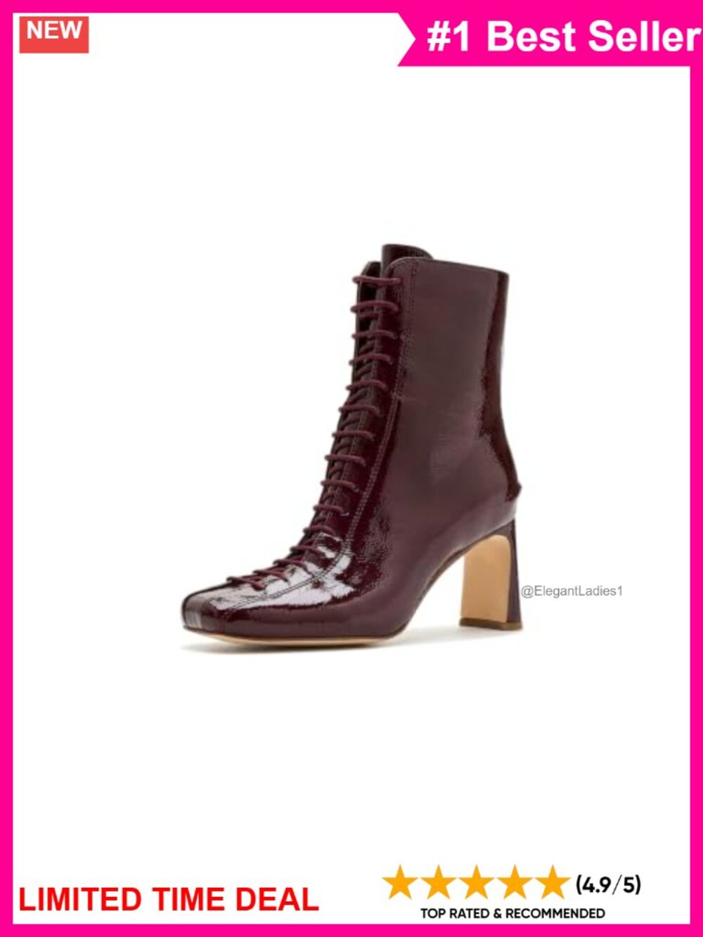Lace Up Ankle Bootie Synthetic Patent Block Heel Square Toe